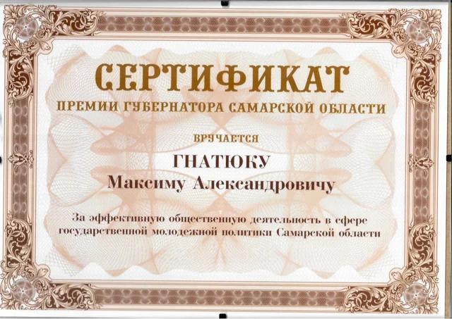 Сертификат премии — Губернатор Самарской области