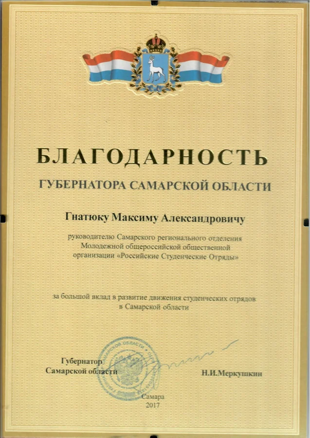 Благодарность — Губернатор Самарской области Н. И. Меркушкин