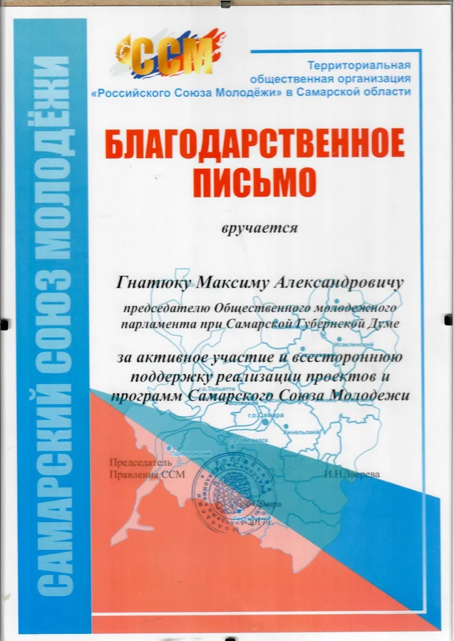 Благодарственное письмо — Территориальная общественная организация «Российского Союза Молодёжи» в Самарской области